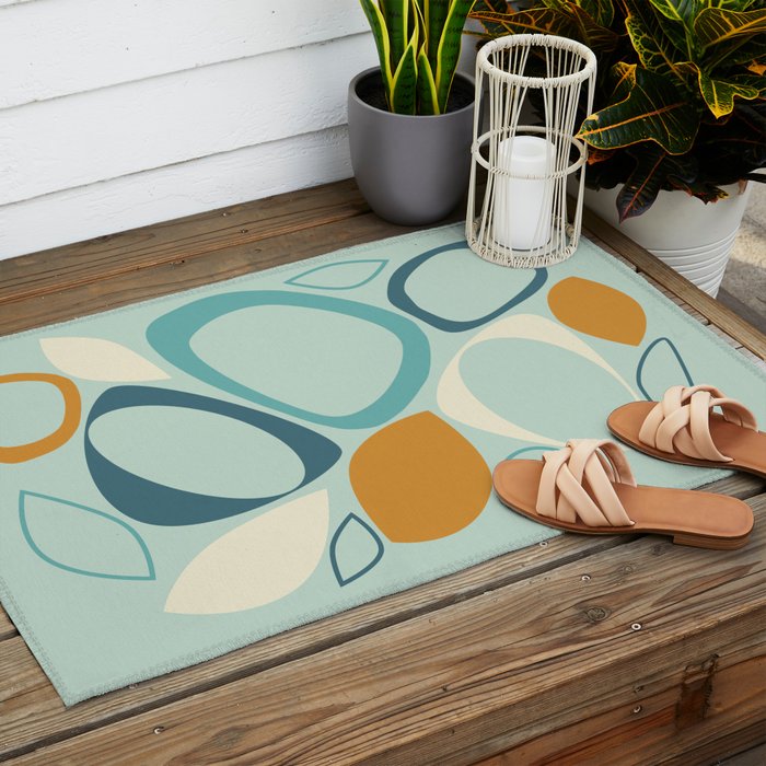 Mid Century Modern Abstract Shapes 8 in Aqua, Orange, Cream and Turquoise Outdoor Rug Gallery Image 2