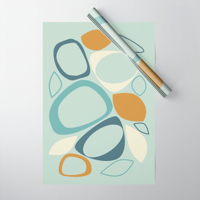 Mid Century Modern Abstract Shapes 8 in Aqua, Orange, Cream and Turquoise Wrapping Paper Gallery Image 1