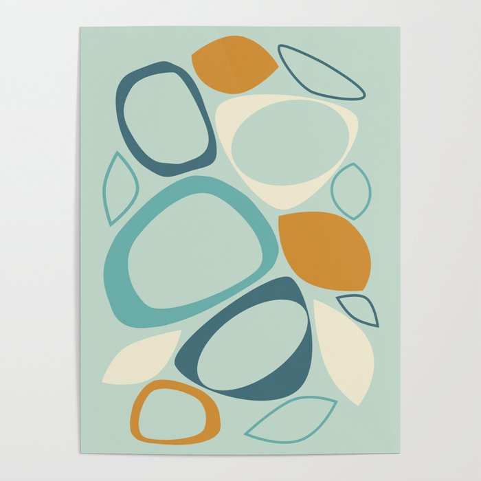 Mid Century Modern Abstract Shapes 8 in Aqua, Orange, Cream and Turquoise Poster Gallery Image 1