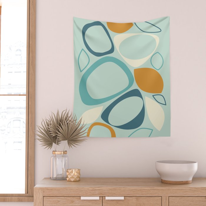 Mid Century Modern Abstract Shapes 8 in Aqua, Orange, Cream and Turquoise Wall Tapestry Gallery Image 2