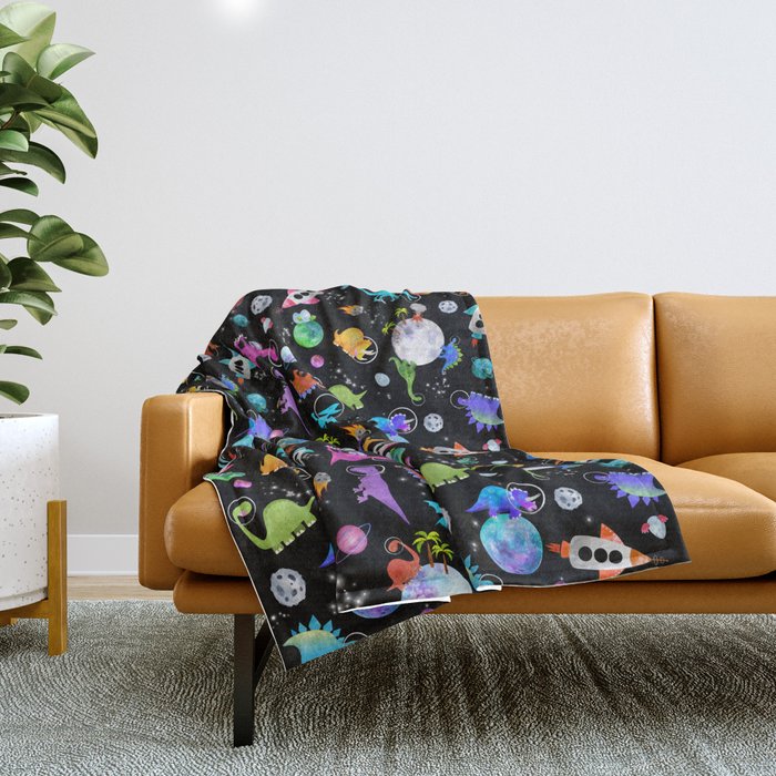 Dinosaur Astronauts In Outer Space Throw Blanket Gallery Image 1