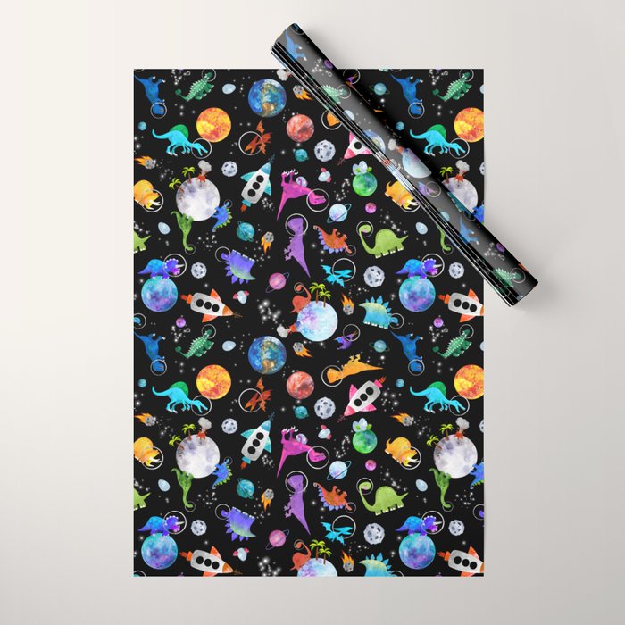 Dinosaur Astronauts In Outer Space Wrapping Paper Gallery Image 1