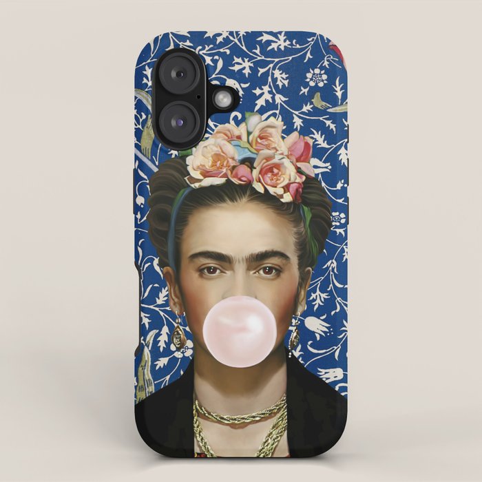 Woman  Blowing a pink Bubble gum with vintage Medway tapestry iPhone Case Gallery Image 1