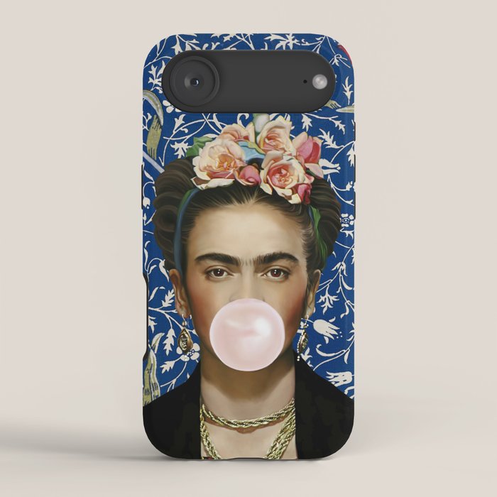 Woman  Blowing a pink Bubble gum with vintage Medway tapestry iPhone Case Gallery Image 2