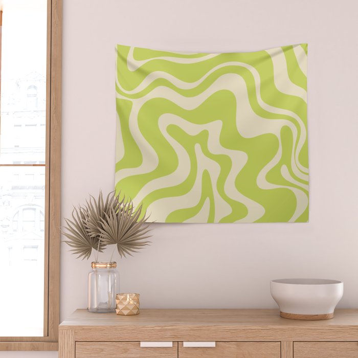 Liquid Swirl Retro Abstract Pattern 4 in Light Lime Linden Green and Beige Wall Tapestry Gallery Image 2
