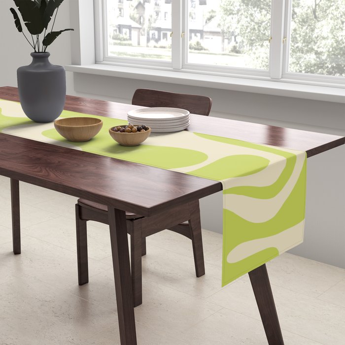 Liquid Swirl Retro Abstract Pattern 4 in Light Lime Linden Green and Beige Table Runner Gallery Image 2