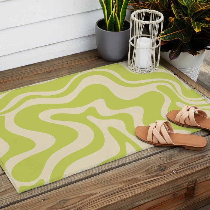 Liquid Swirl Retro Abstract Pattern 4 in Light Lime Linden Green and Beige Outdoor Rug Gallery Image 2