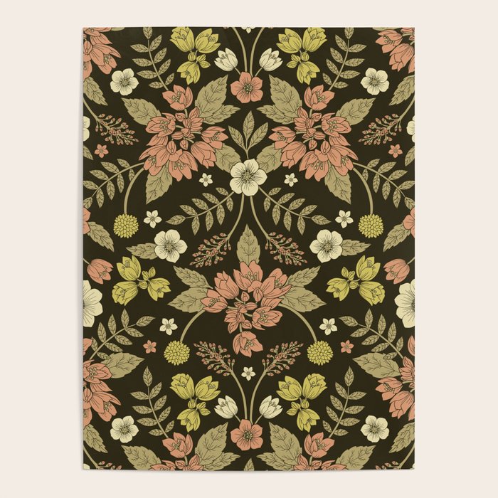 Sage, Dark Green, Peach & Cream Floral Pattern Poster Gallery Image 1