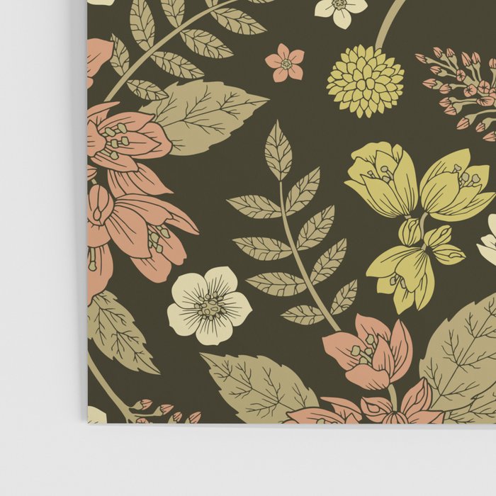 Sage, Dark Green, Peach & Cream Floral Pattern Poster Gallery Image 3