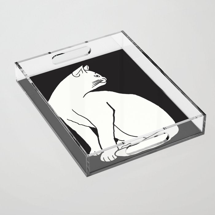White Cat On Black Acrylic Tray Gallery Image 1