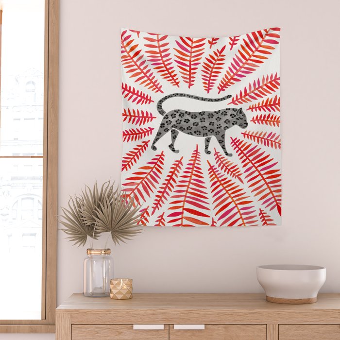 Black Jaguar - Red Leaf Palette Wall Tapestry Gallery Image 2