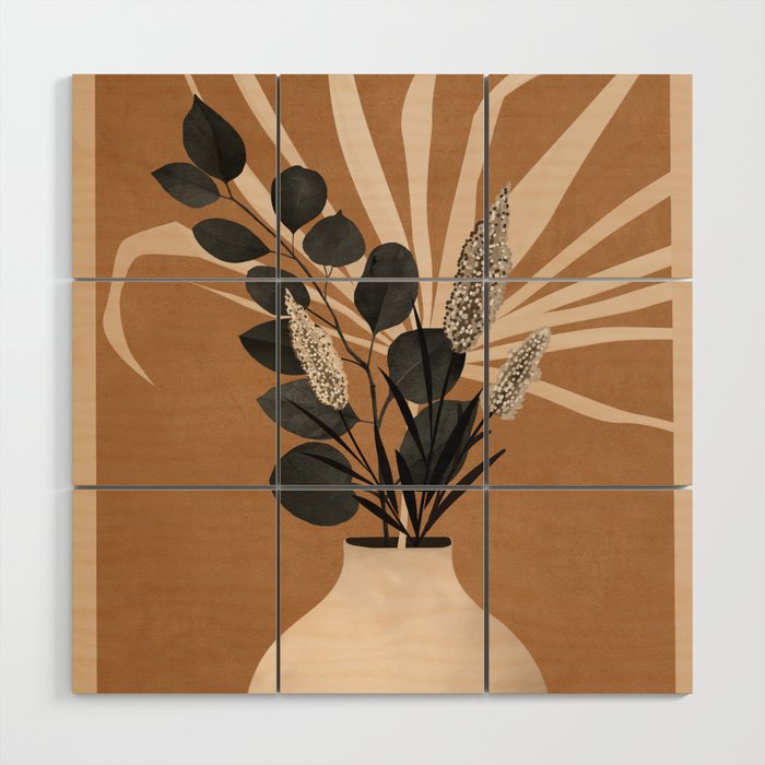 Minimal vase with plant leaves 1 Wood Wall Art Gallery Image 1