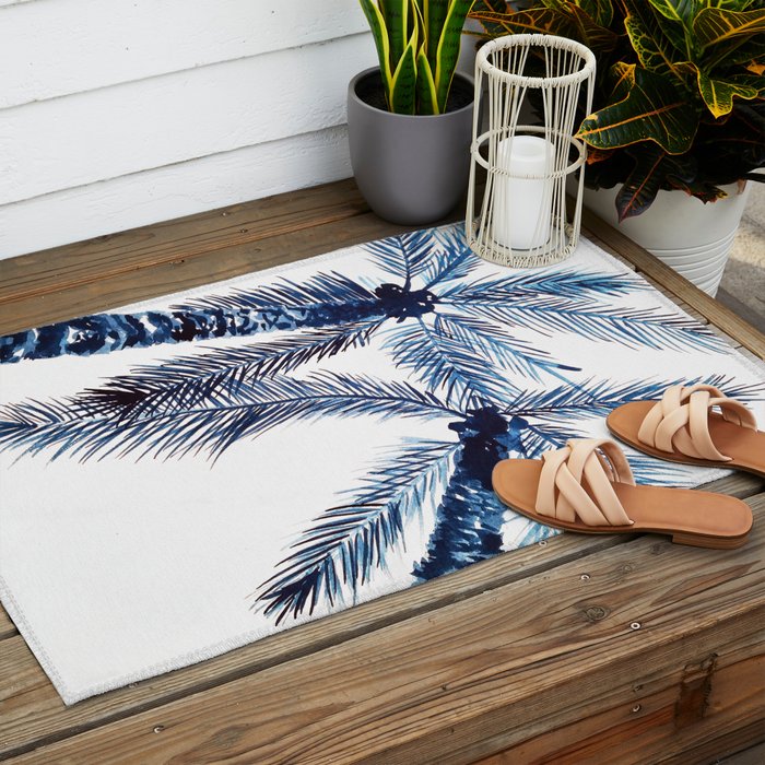 Indigo Navy, PALM TREES, upside down Outdoor Rug Gallery Image 2