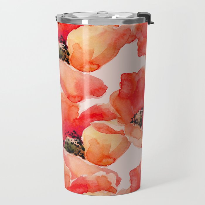 Abstract watercolor red orange pink poppies flowers Travel Mug Gallery Image 2