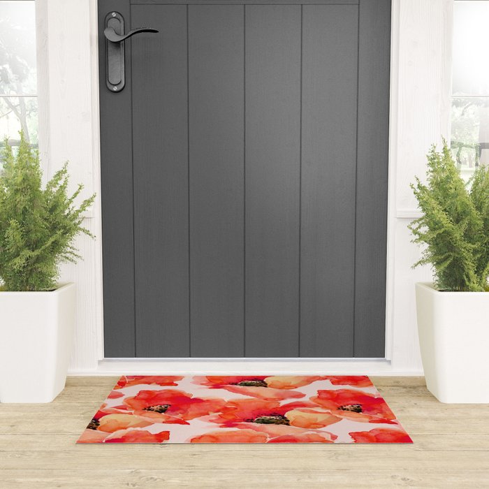 Abstract watercolor red orange pink poppies flowers Welcome Mat Gallery Image 3