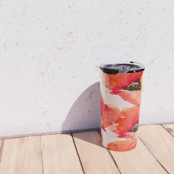 Abstract watercolor red orange pink poppies flowers Travel Mug Gallery Image 4
