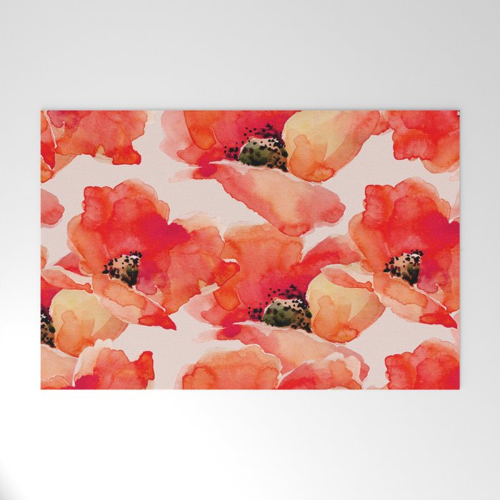 Abstract watercolor red orange pink poppies flowers Welcome Mat Gallery Image 1