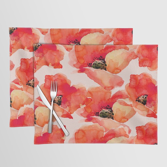 Abstract watercolor red orange pink poppies flowers Placemat Gallery Image 1