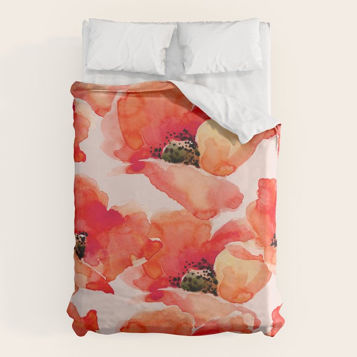 Abstract watercolor red orange pink poppies flowers Duvet Cover Gallery Image 6