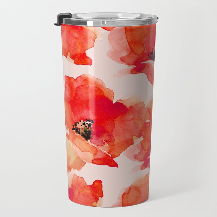 Abstract watercolor red orange pink poppies flowers Travel Mug Gallery Image 3