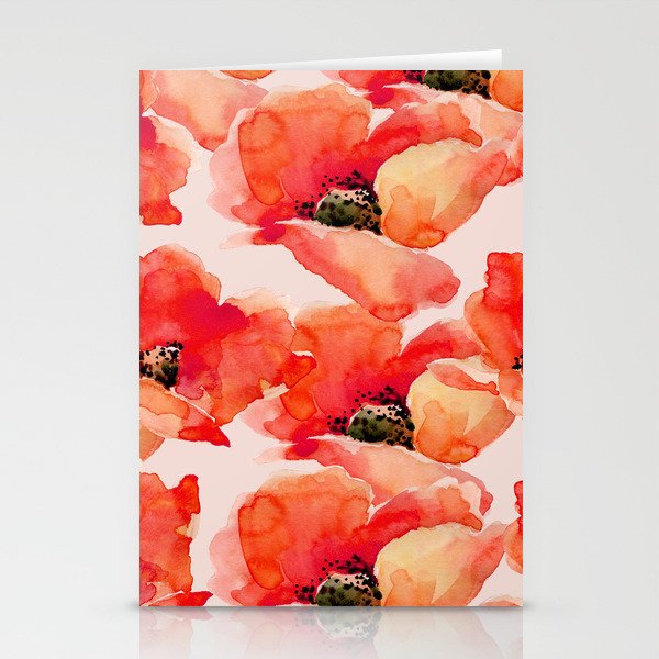Abstract watercolor red orange pink poppies flowers Stationery Card Gallery Image 1