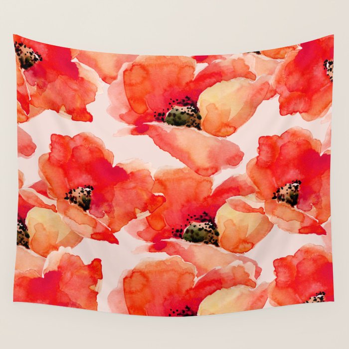 Abstract watercolor red orange pink poppies flowers Wall Tapestry Gallery Image 4