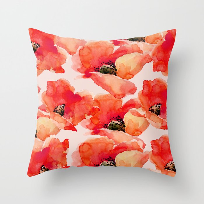 Abstract watercolor red orange pink poppies flowers Throw Pillow Gallery Image 6