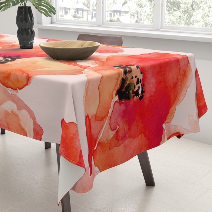 Abstract watercolor red orange pink poppies flowers Tablecloth Gallery Image 3