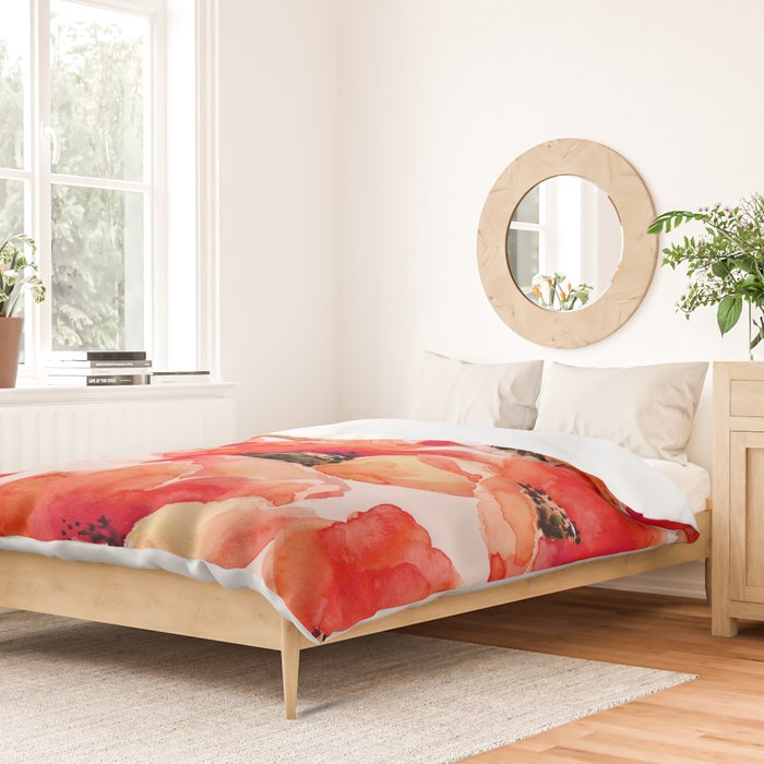 Abstract watercolor red orange pink poppies flowers Duvet Cover Gallery Image 2