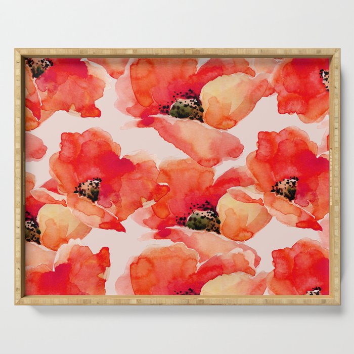 Abstract watercolor red orange pink poppies flowers Serving Tray Gallery Image 1
