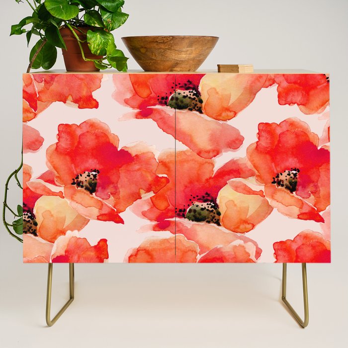 Abstract watercolor red orange pink poppies flowers Credenza Gallery Image 1