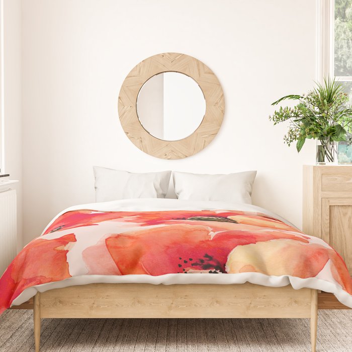 Abstract watercolor red orange pink poppies flowers Duvet Cover Gallery Image 3