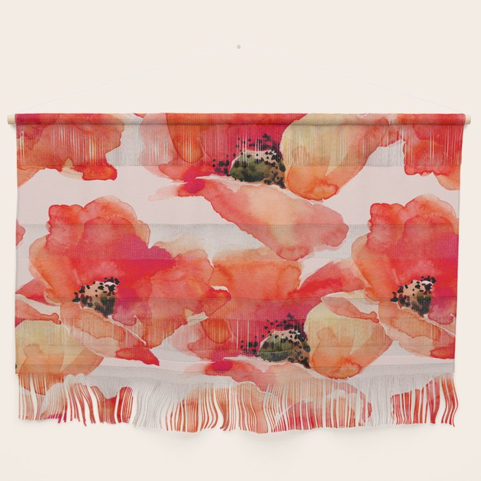 Abstract watercolor red orange pink poppies flowers Wall Hanging Gallery Image 1