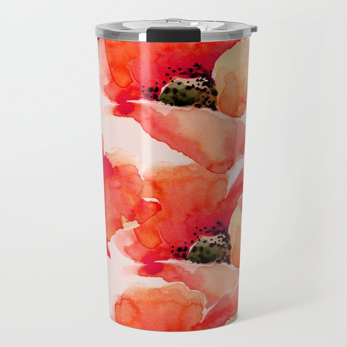 Abstract watercolor red orange pink poppies flowers Travel Mug Gallery Image 1