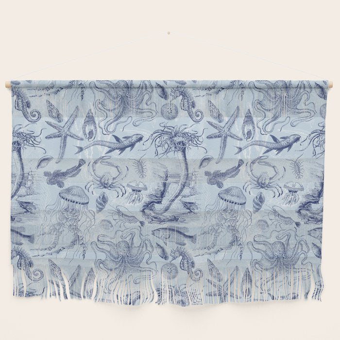 Coral Reef Life Underwater Sea Scene Blue Monochromatic Toile Pattern  Wall Hanging Gallery Image 1