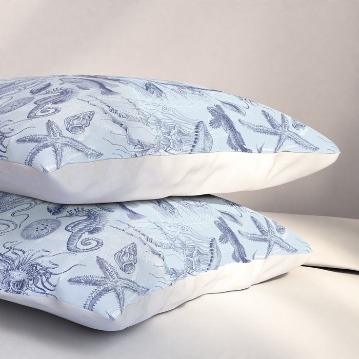 Coral Reef Life Underwater Sea Scene Blue Monochromatic Toile Pattern  Pillow Sham Gallery Image 3