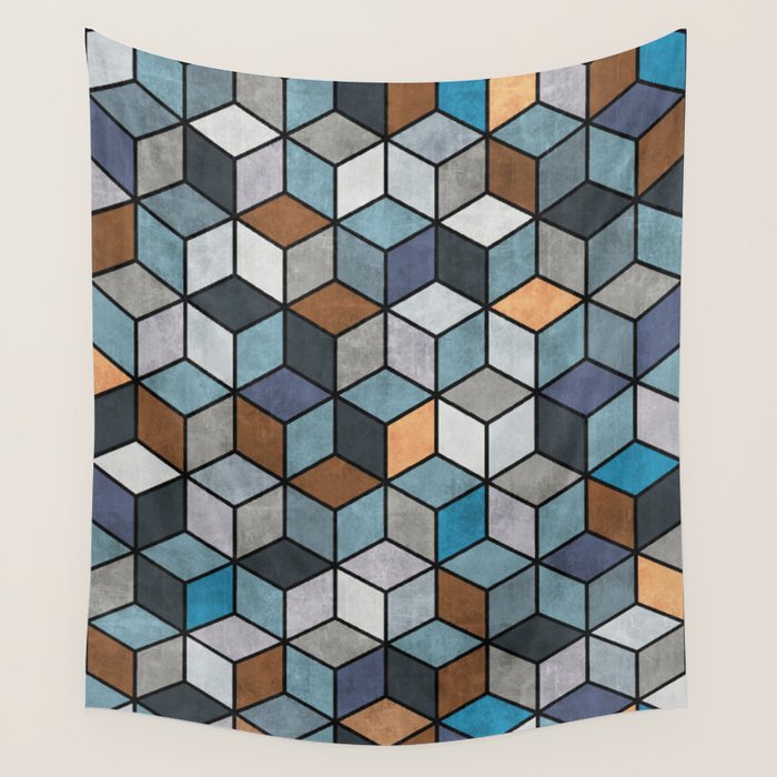 Colorful Concrete Cubes - Blue, Grey, Brown Wall Tapestry Gallery Image 1