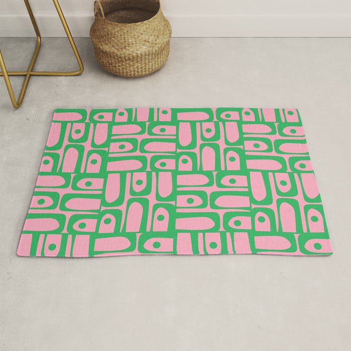 Mid Century Modern Piquet Abstract Multi Geometric Spring Green and Pink Pattern Rug Gallery Image 1