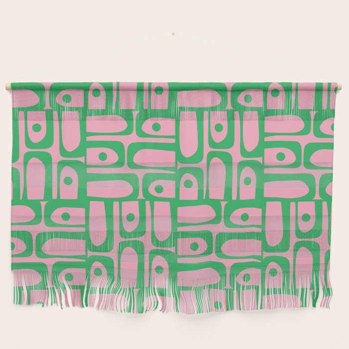 Mid Century Modern Piquet Abstract Multi Geometric Spring Green and Pink Pattern Wall Hanging Gallery Image 1