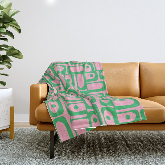 Mid Century Modern Piquet Abstract Multi Geometric Spring Green and Pink Pattern Throw Blanket Gallery Image 1