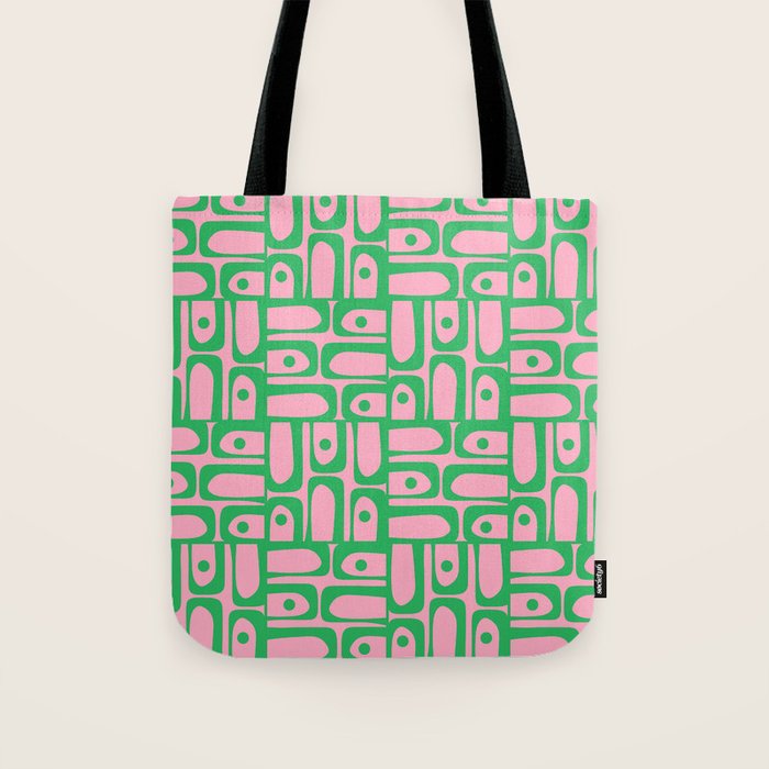 Mid Century Modern Piquet Abstract Multi Geometric Spring Green and Pink Pattern Tote Bag Gallery Image 1