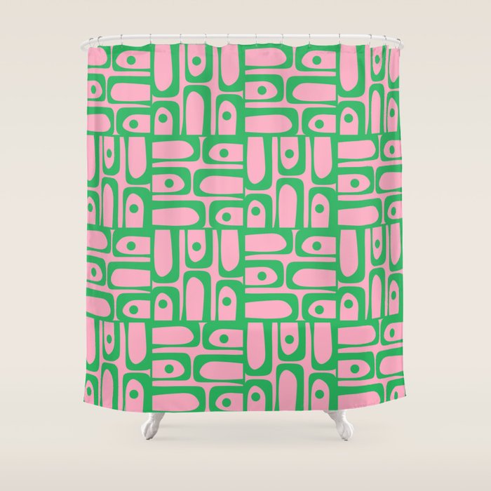 Mid Century Modern Piquet Abstract Multi Geometric Spring Green and Pink Pattern Shower Curtain Gallery Image 1