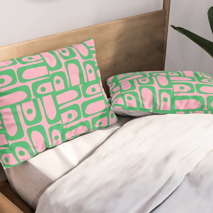 Mid Century Modern Piquet Abstract Multi Geometric Spring Green and Pink Pattern Pillow Sham Gallery Image 2