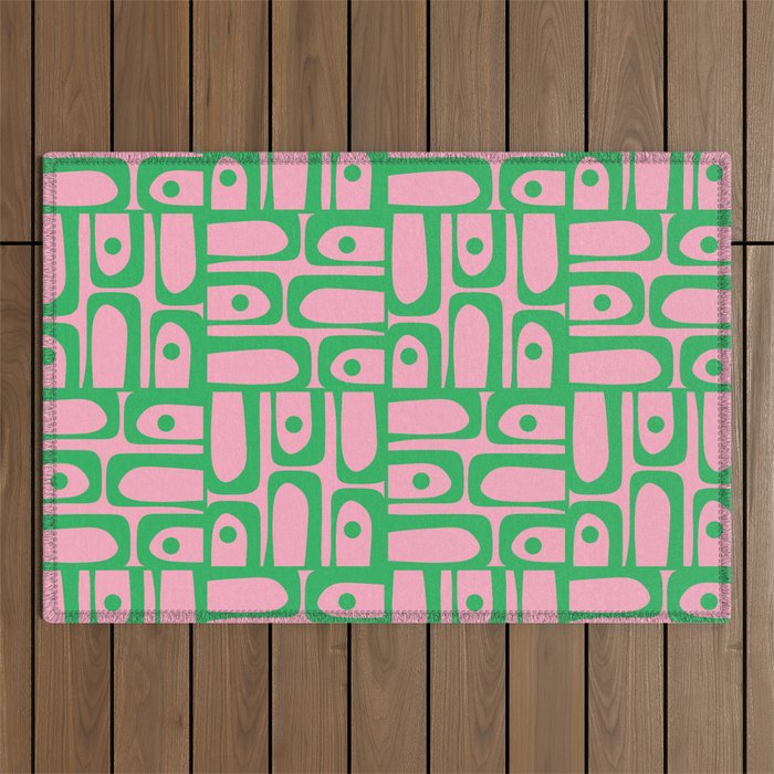 Mid Century Modern Piquet Abstract Multi Geometric Spring Green and Pink Pattern Outdoor Rug Gallery Image 1