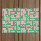 Mid Century Modern Piquet Abstract Multi Geometric Spring Green and Pink Pattern Outdoor Rug Gallery Image 1