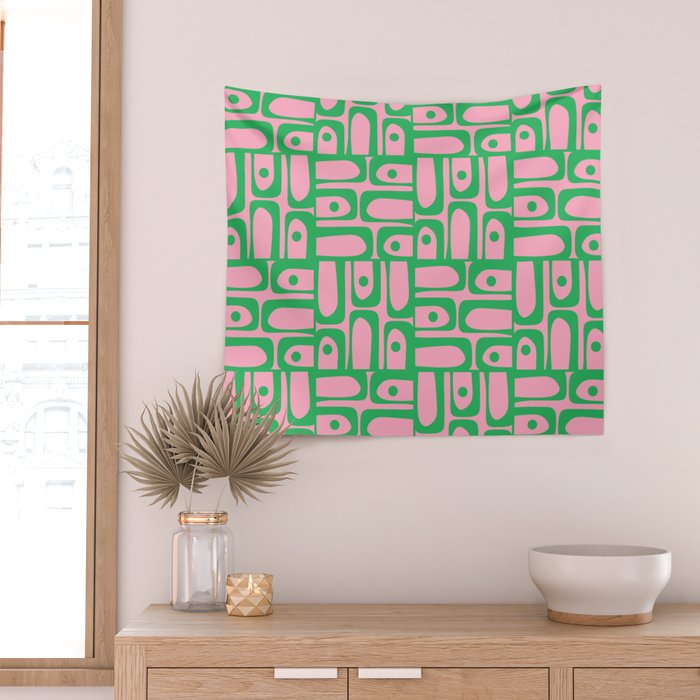 Mid Century Modern Piquet Abstract Multi Geometric Spring Green and Pink Pattern Wall Tapestry Gallery Image 2