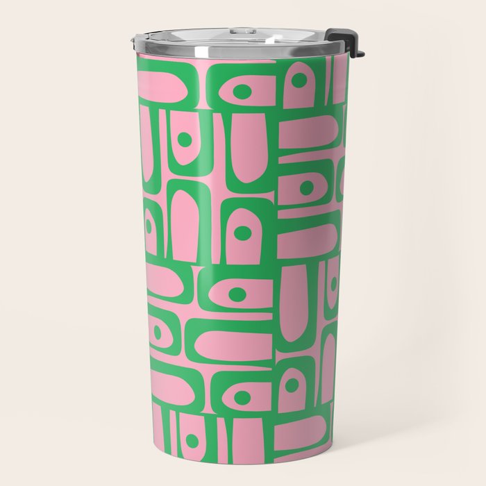 Mid Century Modern Piquet Abstract Multi Geometric Spring Green and Pink Pattern Travel Mug Gallery Image 2