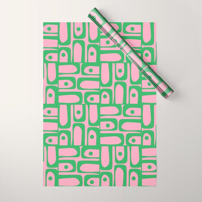 Mid Century Modern Piquet Abstract Multi Geometric Spring Green and Pink Pattern Wrapping Paper Gallery Image 1