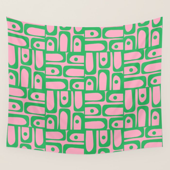 Mid Century Modern Piquet Abstract Multi Geometric Spring Green and Pink Pattern Wall Tapestry Gallery Image 1