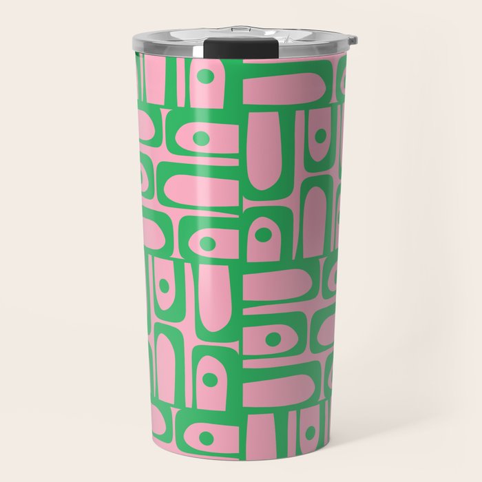 Mid Century Modern Piquet Abstract Multi Geometric Spring Green and Pink Pattern Travel Mug Gallery Image 1